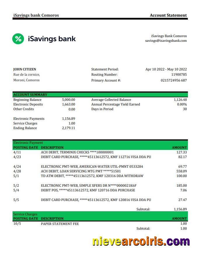Comoros iSavings bank statement xls